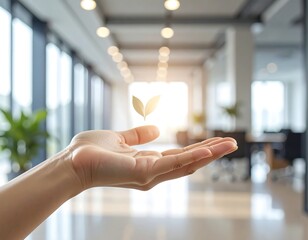 Hand holding floating leaves in office