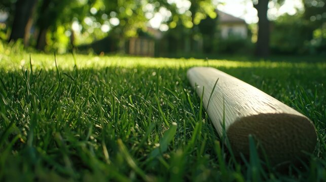 A close-up of a cricket bat and ball on green grass