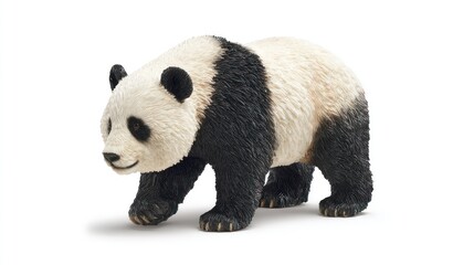 Fototapeta premium A detailed figurine of a giant panda, walking to the left, is presented against a stark white background. Its fur is meticulously rendered, showing the characteristic black and white markings