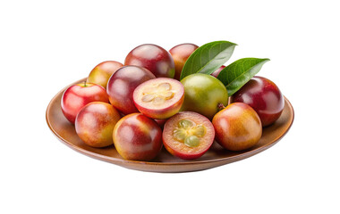 Fresh exotic fruit camu camu on a wooden plate with leaves and halves