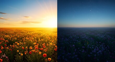 Juxtaposition of Day and Night over a blooming meadow, a powerful visual metaphor for life's cycles, opposites, and balance