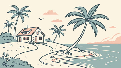 Obraz premium Charming beach house surrounded by palm trees and ocean views