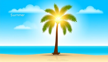 Obraz premium Tropical beach scene with palm tree and summer sky.