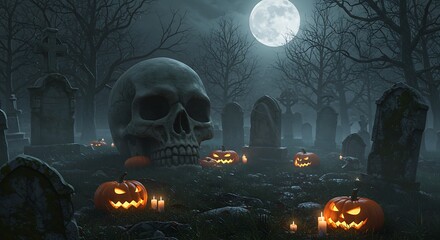 A large stone skull statue placed in the center of an graveyard, surrounded by tombstones, small pumpkins, and candles scattered around