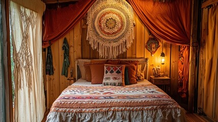 A cozy boho-style bedroom with macrame decorations