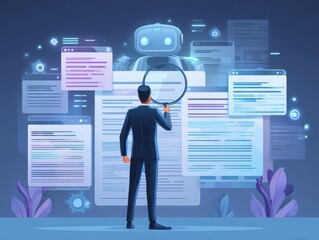 AI search technology revolution SEO, Businessman browsing internet using AI search tool to optimize content and improve ranking. SEO artificial intelligence for efficient data discovery.
