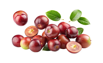 Pile of Muscadine Grapes, One Cut in Half, and Leaves Isolated on White