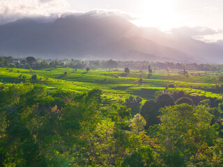 Obraz premium Wonderful sunrise scenery indonesia nature mountain valley forest with bright sky