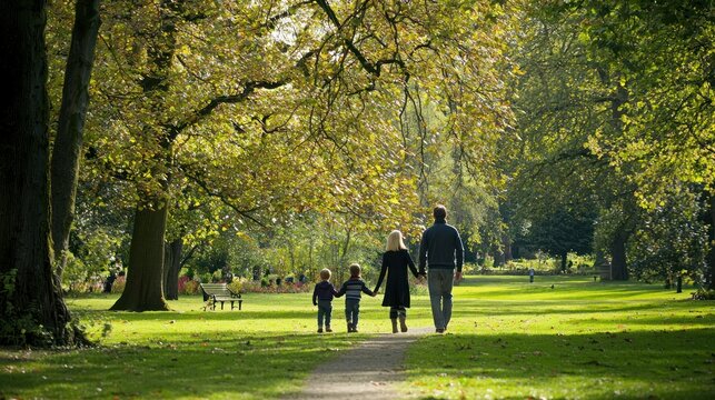 A family walking hand in hand in a park