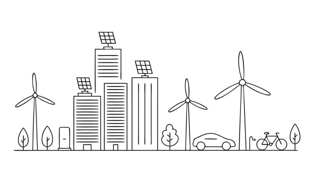Sustainable city skyline with wind turbines, solar panels and electric vehicle infrastructure