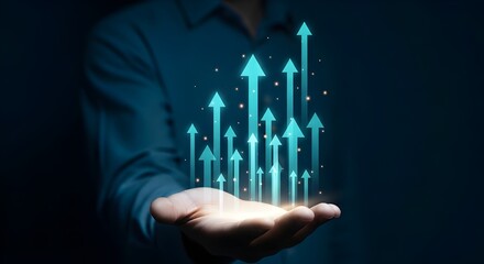 Futuristic image showing an open palm projecting multiple glowing turquoise arrows upward on a dark blue background, representing success, advancement, and upward momentum in business or technology.