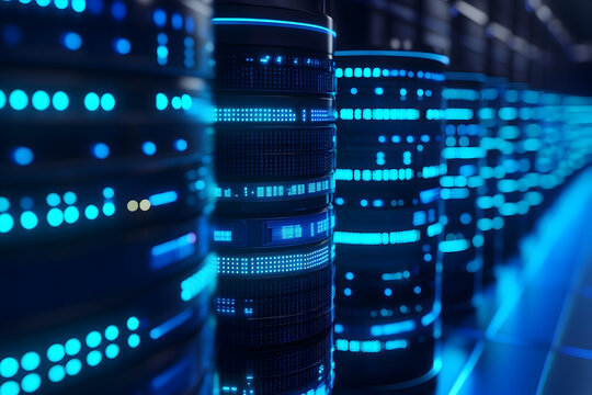 Close up of a row of servers with blue lights indicating data processing and network communication . - Powered by Adobe