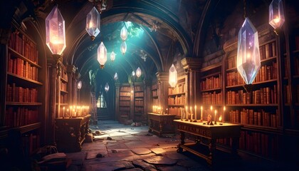 Books fill aged library, crystals glow.