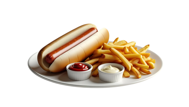 Vector Illustration of a Hot Dog with Fries on a Plate, Transparent Background, No Background, Classic Fast Food Meal