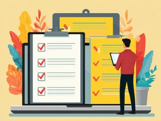 Business performance monitoring and evaluation concept, Take an assessment, Business man using laptop and tablet online checklist survey, Filling out digital checklist, Questionnaire with checkboxes. 