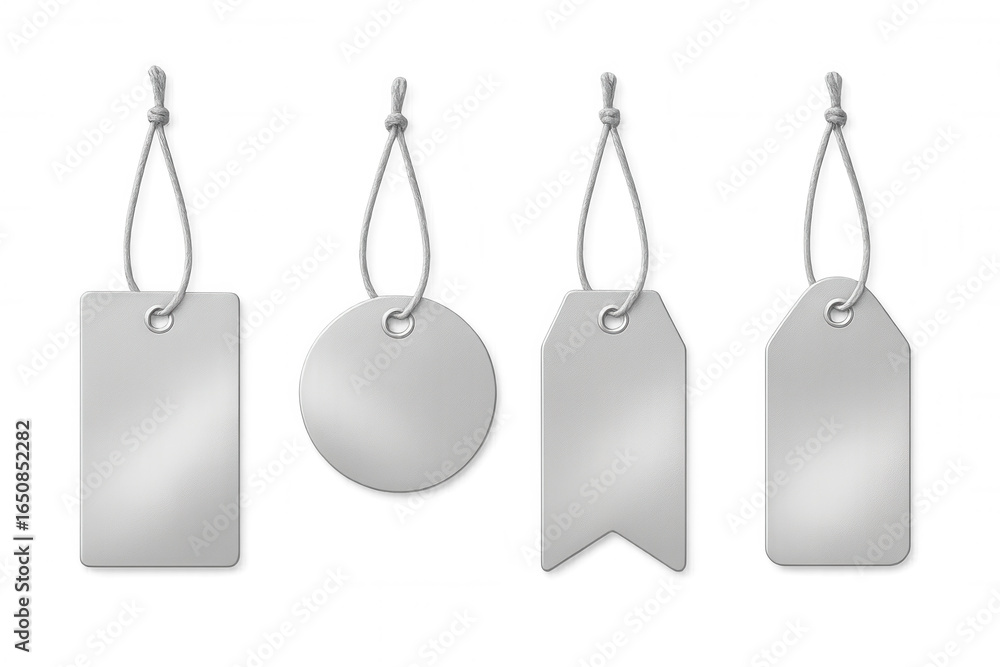 Poster realistic silver labels of different shapes hanging from knotted string on a transparent background,