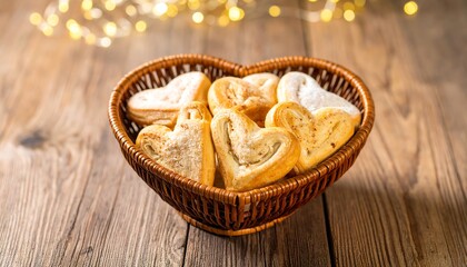 Heart-shaped pastries in a wicker basket.