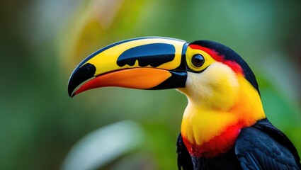 Fototapeta premium Vibrant toucan with yellow, black, red, and orange beak close-up, green blurred background. Colorful bird in natural habitat.