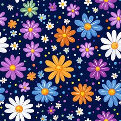 Obraz premium Vibrant Floral Pattern with Colorful Daisies and Small Flowers on Dark Blue Backdrop