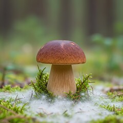 Forest mushrooms, Solitary Boletus Mushroom with Green Backdrop.