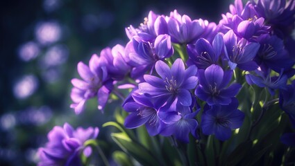 Cluster of purple flowers with green leaves and blurred background, close-up floral image.