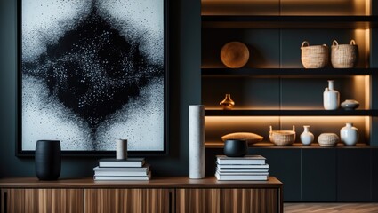 A modern interior with a wall-mounted abstract art piece, decorative objects, and storage shelves with woven baskets and vases.