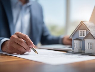 Businessman reviews real estate documents on laptop, Online property management, Digital housing contract, investment planning, Smart organization of real estate transactions using modern tools.