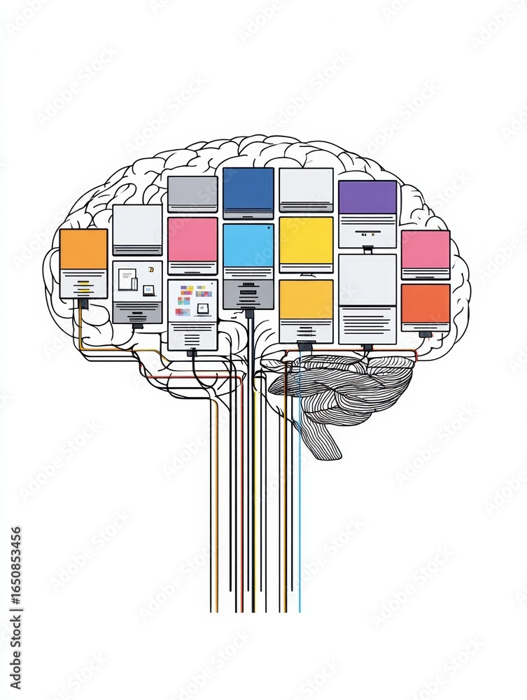Poster visual representation of a creative brain with colorful boxes and connections illustrating innovativ