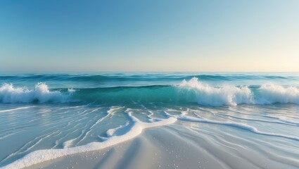 Calm ocean waves crashing on the sandy beach during sunrise or sunset. Coastal scenery with clear sky and gentle surf. Tranquil seaside landscape.