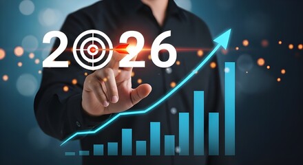 Photorealistic image of a person using their hand to manipulate 2026 business targets, with glowing graphs, bar charts, and a red arrow hitting the target on a dark futuristic backdrop.