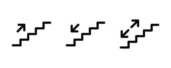 Staircase icons with up and down directional arrows. Stairs or stairwell sign. Stairs up and stairs down symbol set.