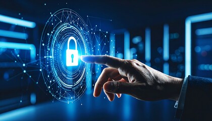 Hand pointing at a digital lock graphic.