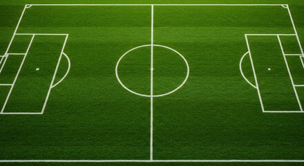 Obraz premium A green soccer field with white markings including goal boxes center circle and sidelines