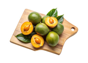 Delicious canistel fruits arrangement on a wooden cutting board background