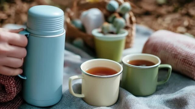 A pouring hot tea from thermo into enamel mug during cozy outdoor picnic, hand holding mug soft blanket, enjoying hot beverage and relaxation nature, creating inviting scene with warmth and comfort