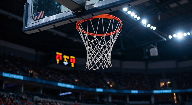 A basketball hoop with net is centered An American flag sticker is on the backboard The arena is dimly lit