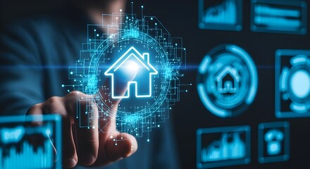 High-resolution image of two fingers touching a holographic smart home control panel, with glowing blue circuit-style lines, nodes, and digital elements conveying advanced home automation technology.