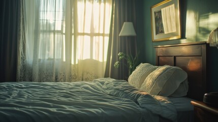 A neatly made bed with soft morning light