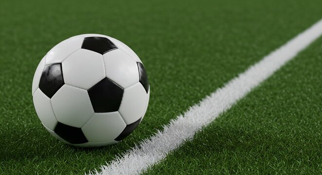 A soccer ball rests on green grass next to a white line in focus - Powered by Adobe