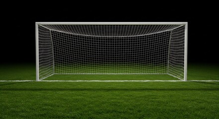 Fototapeta premium A soccer goal on green grass with a white line The background is a dark void
