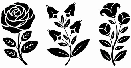 Three stylized floral silhouettes including a rose and bellflowers isolated on white background silhouette