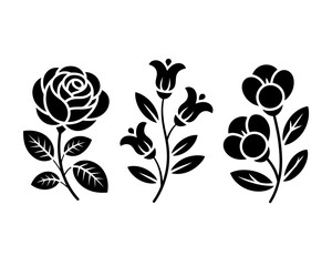Collection of stylized floral silhouettes including a rose and bell flowers isolated on white background silhouette