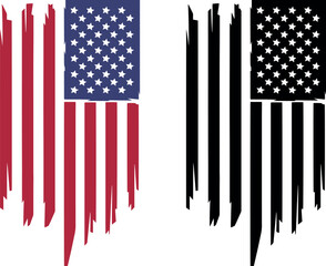 Distressed american flag design element with red white blue and black white variations