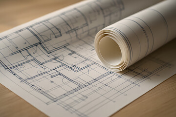 Architectural Blueprint with Rolled Plans on Wooden Surface.