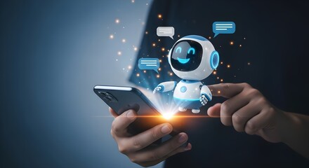 Photorealistic image of a person holding a smartphone with a small white and blue digital robot projecting above it, displaying a smiling face and interactive speech bubbles, AI assistance chatbot