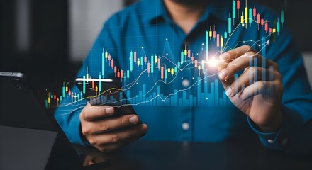 High-resolution image of a person using a stylus and smartphone to interact with holographic financial charts, including colorful candlestick and line graphs, illustrating mobile stock trading digital