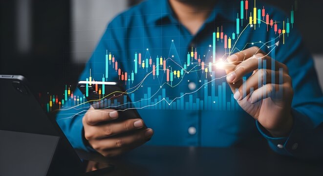 High-resolution image of a person using a stylus and smartphone to interact with holographic financial charts, including colorful candlestick and line graphs, illustrating mobile stock trading digital