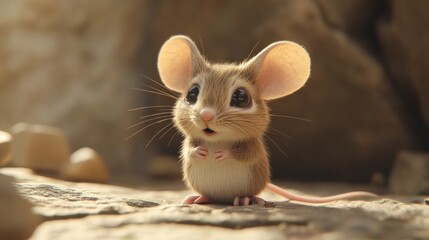 Adorable cartoon mouse sitting on rocks.