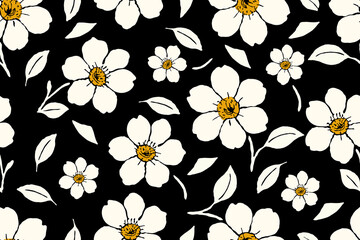 Seamless floral pattern featuring hand drawn white flowers with golden yellow centers and scattered leaves on bold black background, ideal for fabric and decor.