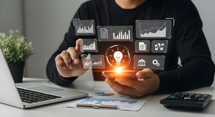 Photorealistic image of a person using a smartphone to interact with a glowing holographic business and financial analytics interface, including bar graphs, line charts, and icons, at a modern office 